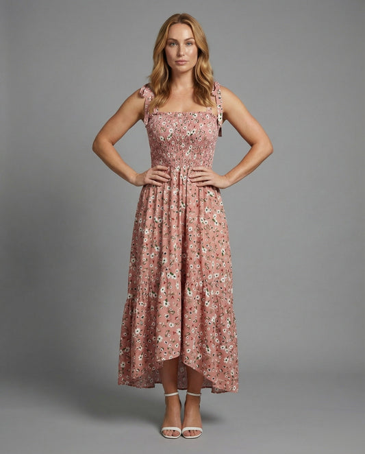 Abito Maxi Donna in Tessuto Smock con Spalline a Fiocco - Brentozzi