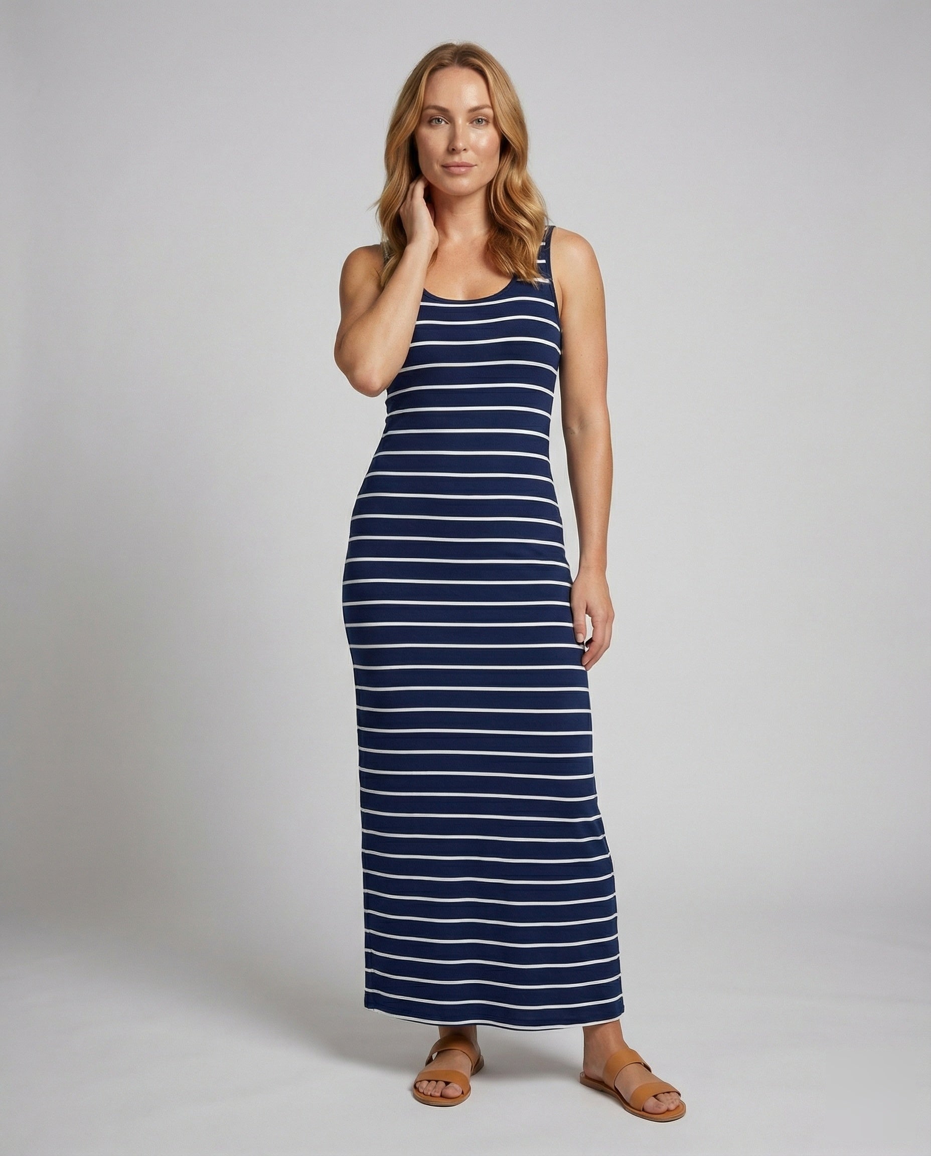 Abito Maxi Donna in Jersey a Righe Spalline Sottili - Brentozzi