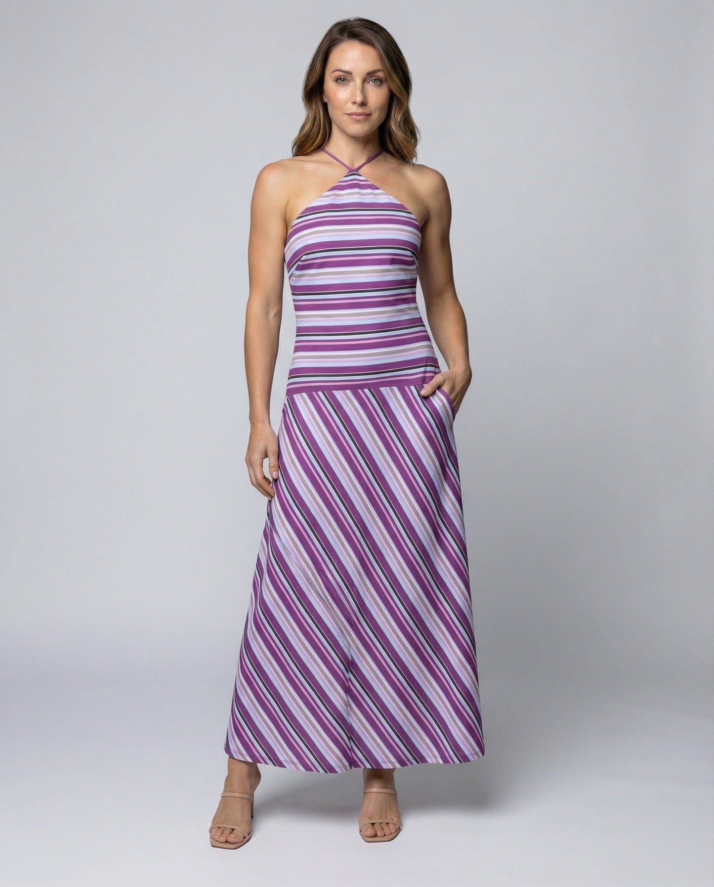 Abito Maxi Donna a Righe Scollo Halter Slim - Brentozzi