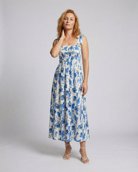 Abito Maxi Donna in Cotone Mix con Corpino a Smock - Brentozzi