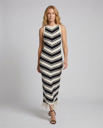 Abito Maxi Donna in Maglia Costina Svasato con Frange - Brentozzi