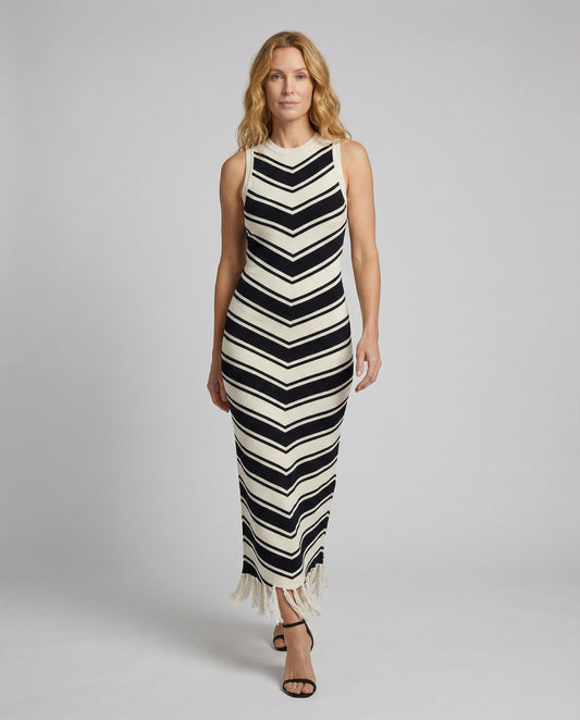 Abito Maxi Donna in Maglia Costina Svasato con Frange - Brentozzi