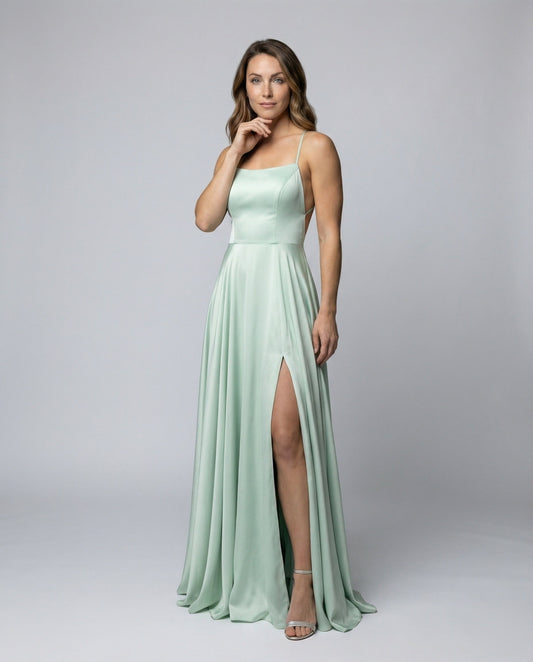 Abito Lungo Donna in Satin Fluttuante con Spacco - Brentozzi