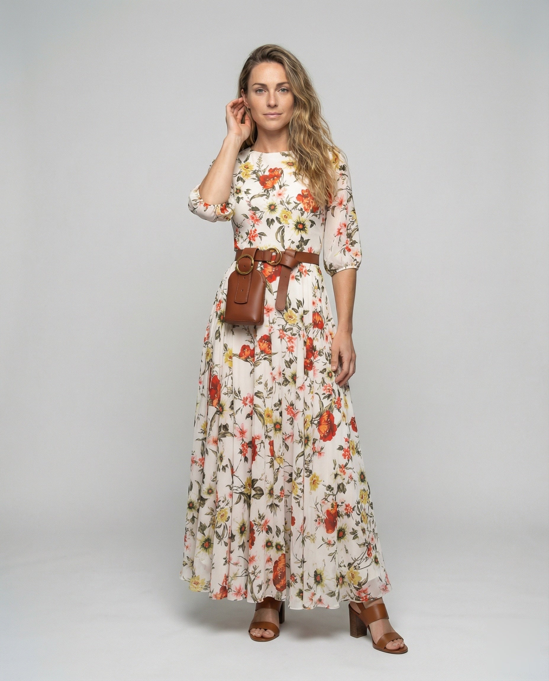 Abito Maxi Donna in Chiffon Floreale Manica a Palloncino - Brentozzi