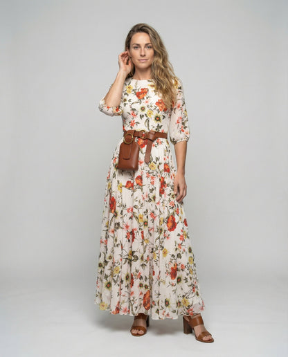 Abito Maxi Donna in Chiffon Floreale Manica a Palloncino - Brentozzi