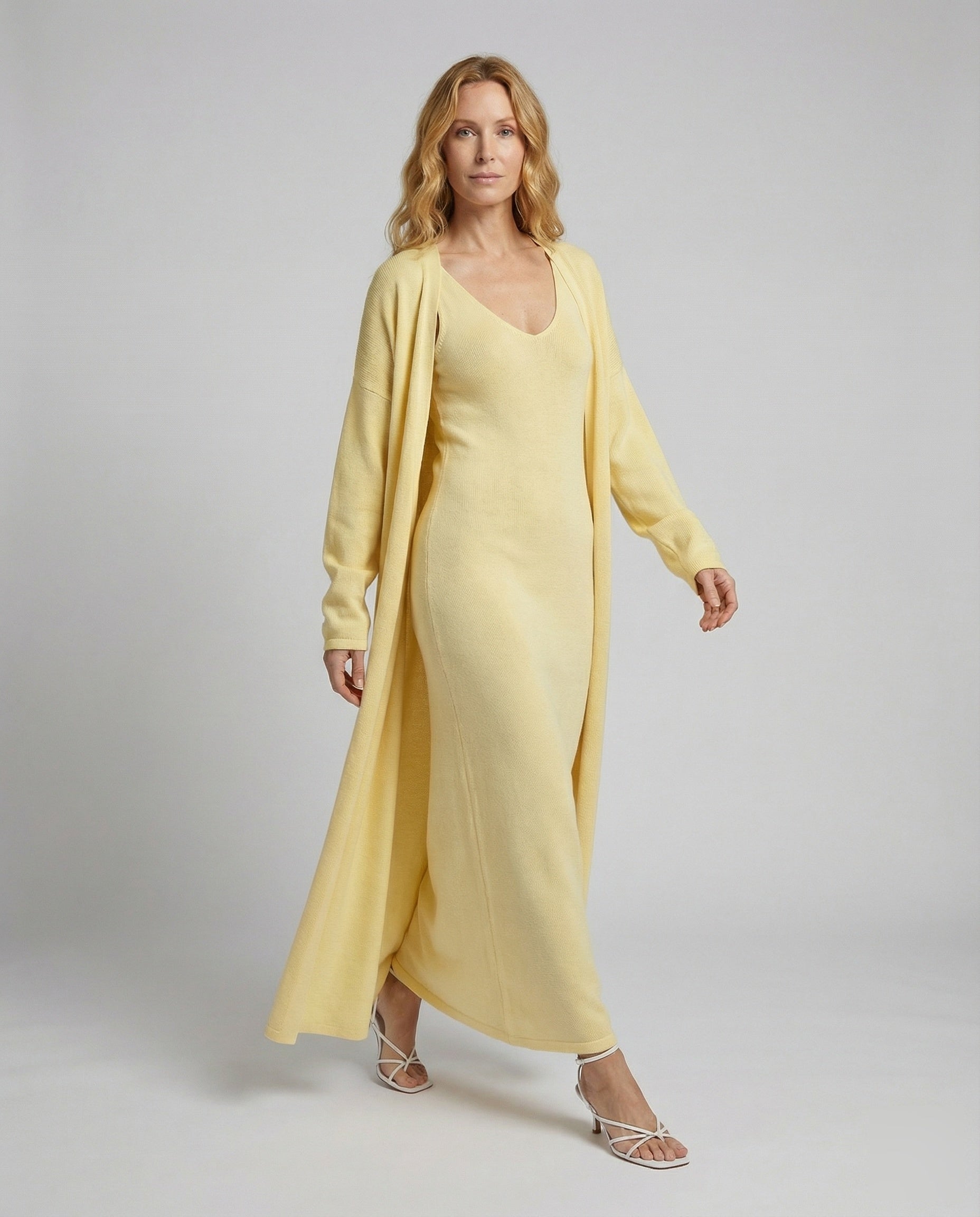 Abito Slip Donna in Tessuto Costine con Cardigan Lungo - Brentozzi