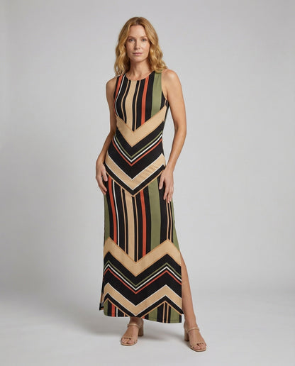 Abito Maxi Donna in Jersey a Righe con Spacco Laterale - Brentozzi