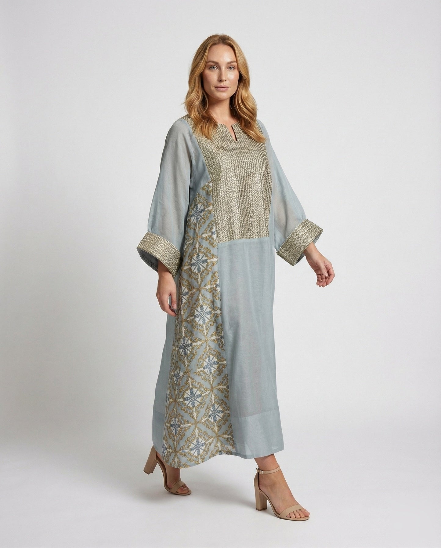 Abito Kaftan Donna in Tessuto Ricamato Lunghezza Maxi - Brentozzi