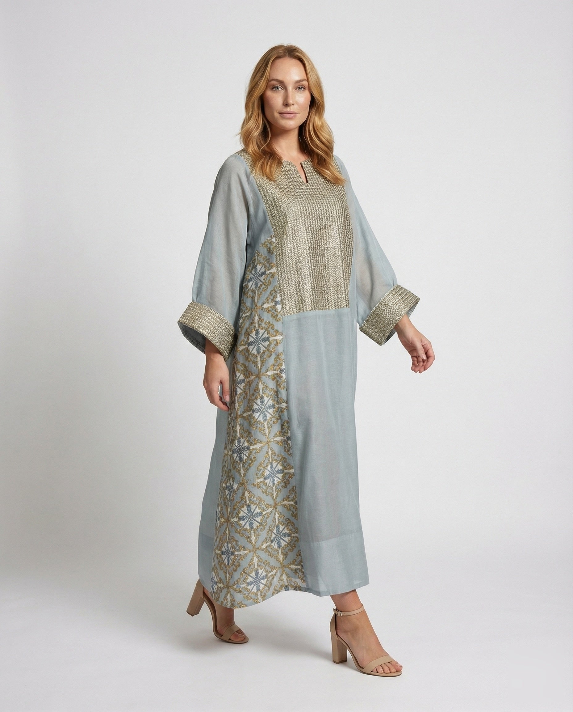 Abito Kaftan Donna in Tessuto Ricamato Lunghezza Maxi - Brentozzi