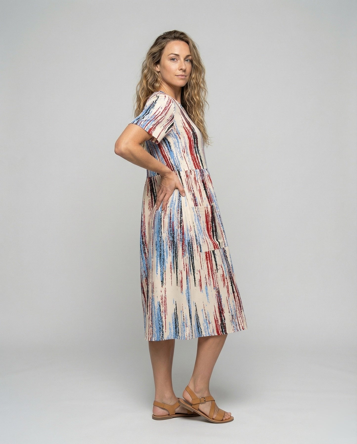 Abito Midi Donna Manica Corta Stampa Astratta Casual - Brentozzi