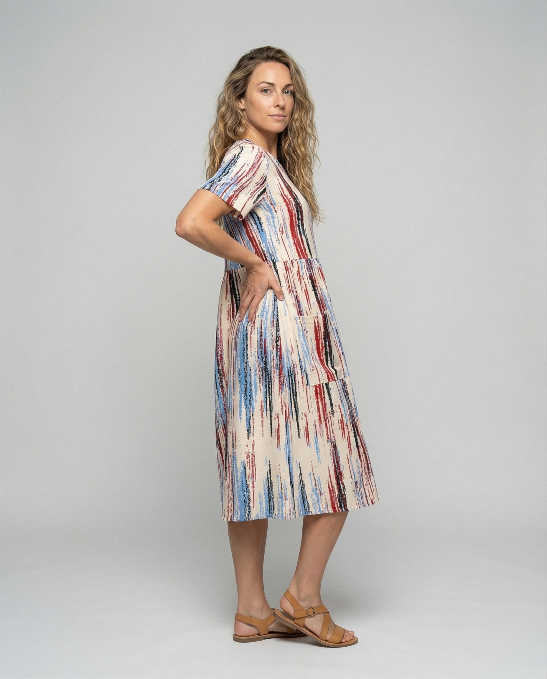 Abito Midi Donna Manica Corta Stampa Astratta Casual - Brentozzi