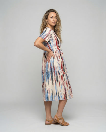 Abito Midi Donna Manica Corta Stampa Astratta Casual - Brentozzi