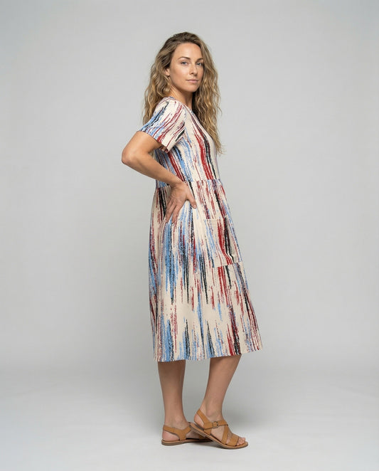 Abito Midi Donna Manica Corta Stampa Astratta Casual - Brentozzi