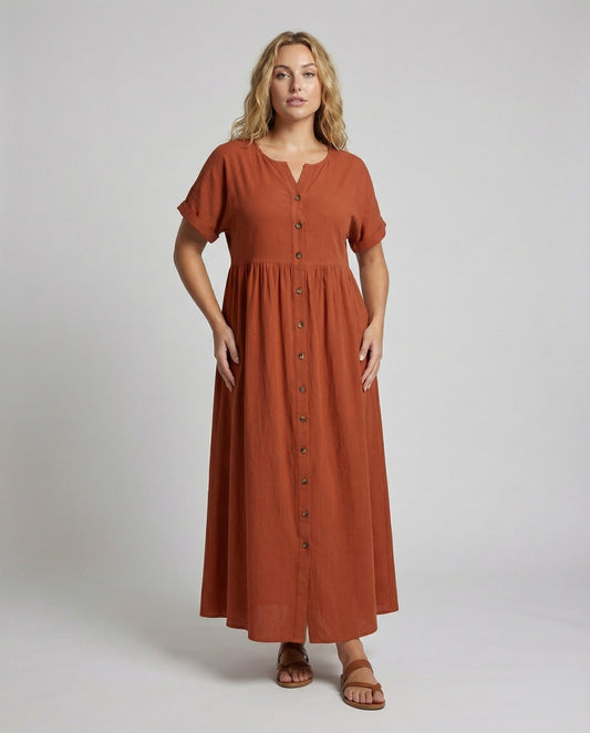 Abito Maxidress Donna in Misto Lino Svasato con Bottoni - Brentozzi