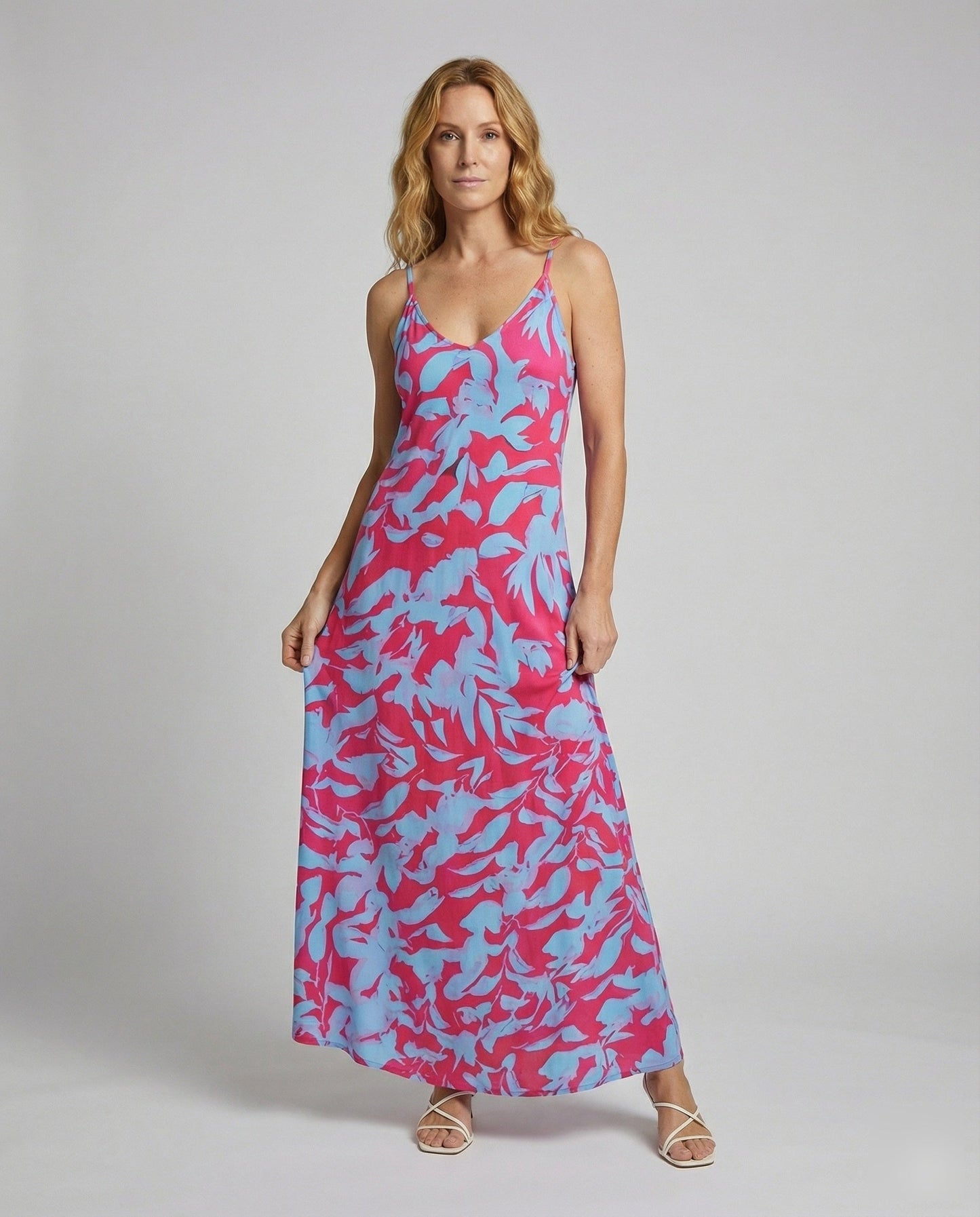 Abito Maxi Donna con Stampa Foglie Svasato - Brentozzi