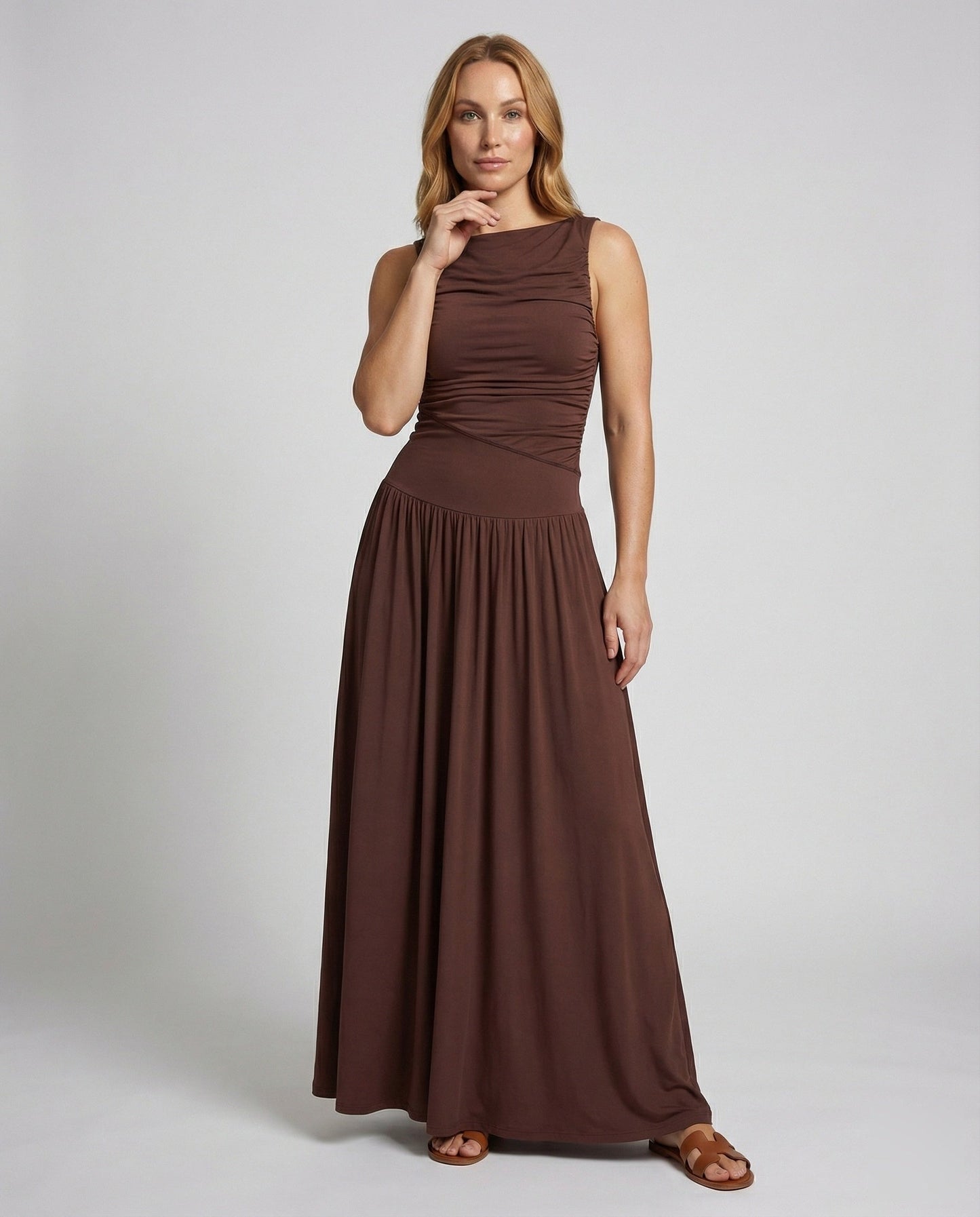 Abito Maxidress Donna in Tessuto con Drappeggio Asimmetrico - Brentozzi