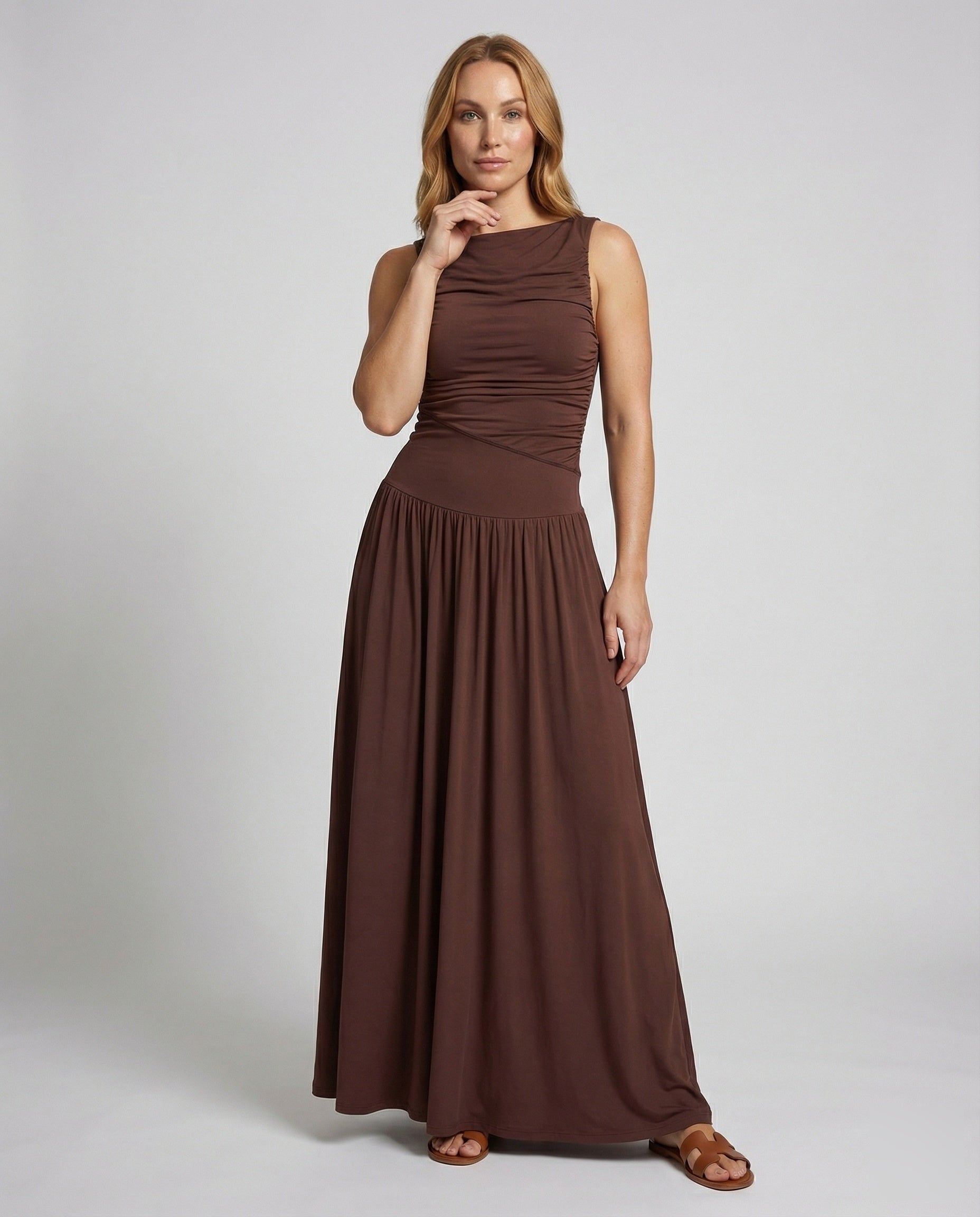Abito Maxidress Donna in Tessuto con Drappeggio Asimmetrico - Brentozzi
