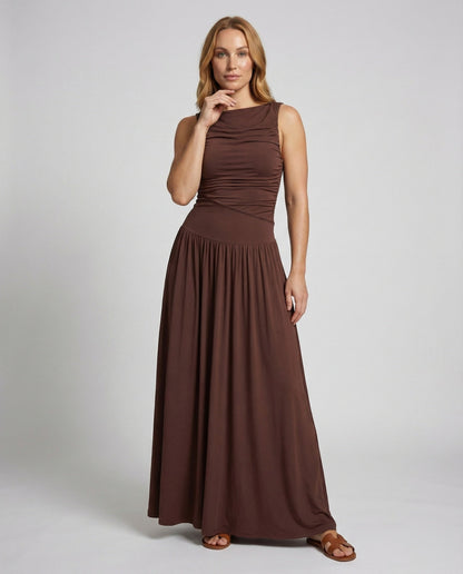 Abito Maxidress Donna in Tessuto con Drappeggio Asimmetrico - Brentozzi