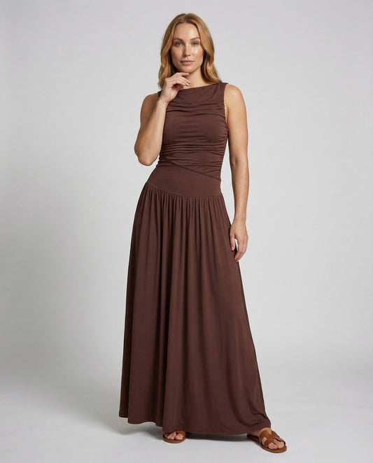 Abito Maxidress Donna in Tessuto con Drappeggio Asimmetrico - Brentozzi