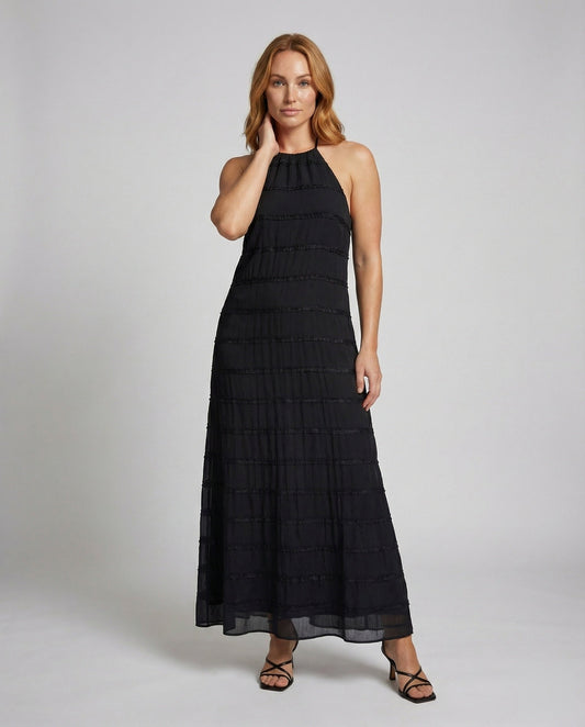 Abito Maxi Donna Sottile con Scollo Halter e Balze Crinkle - Brentozzi