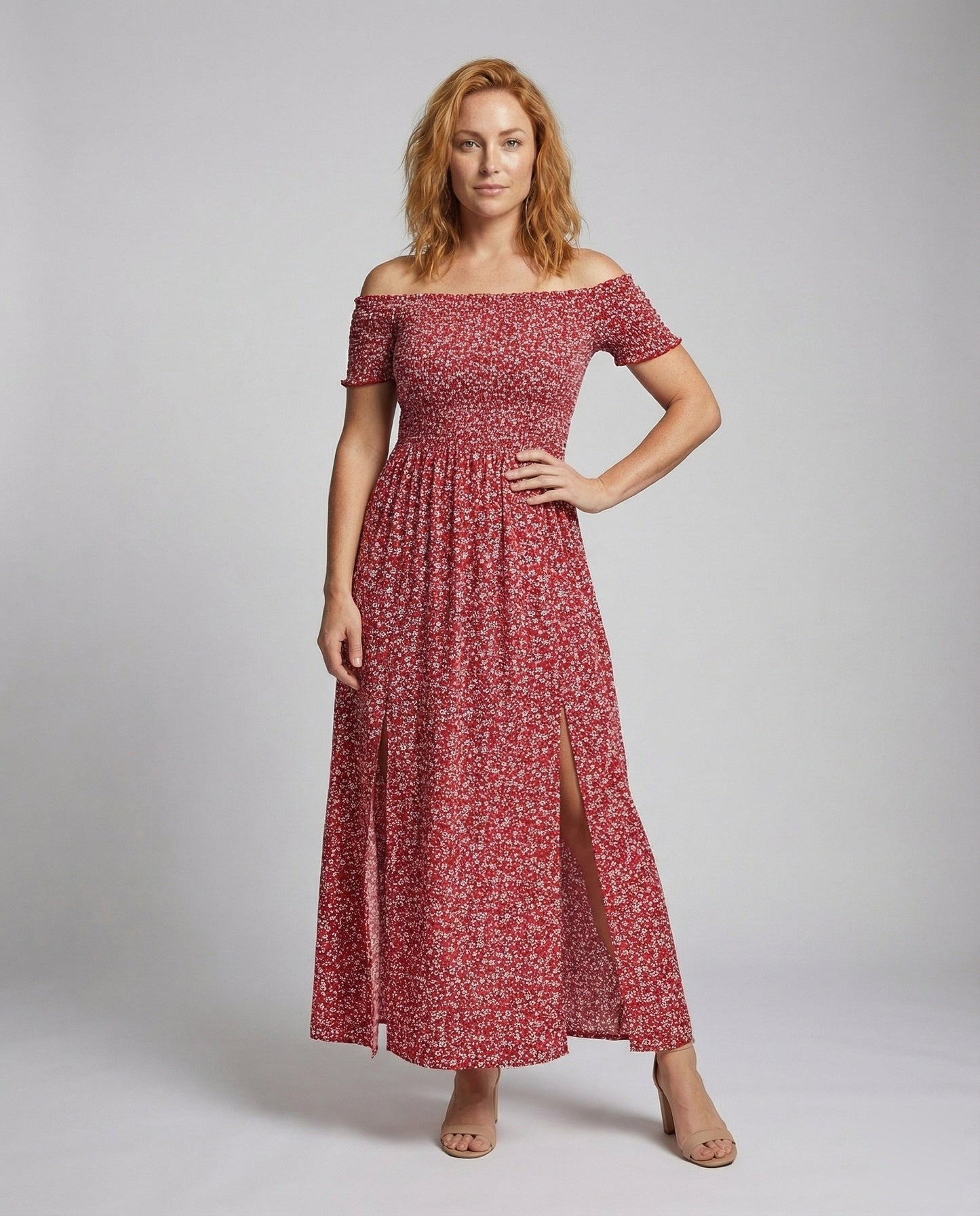 Abito Maxi Donna Scollo Bardot Corpo Smock Elasticizzato - Brentozzi