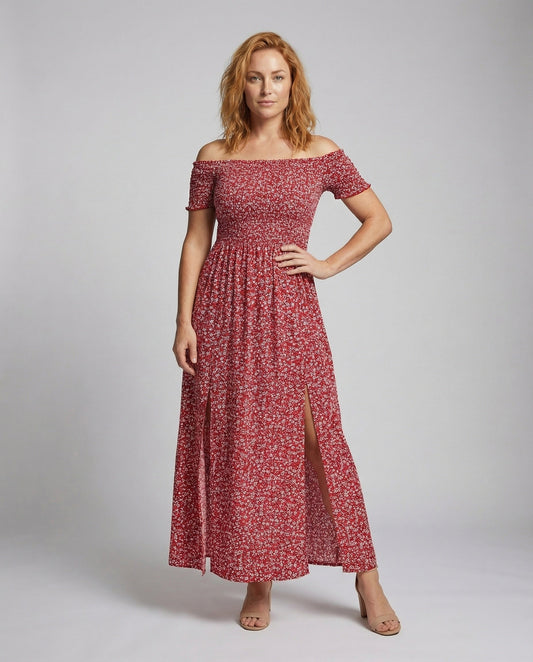 Abito Maxi Donna Scollo Bardot Corpo Smock Elasticizzato - Brentozzi