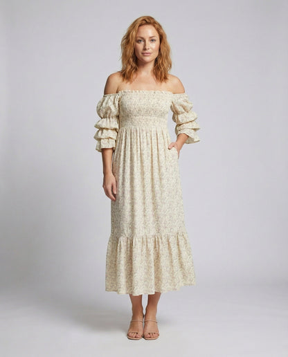 Abito Maxi Donna Spalle Scoperte con Balze a Volant - Brentozzi