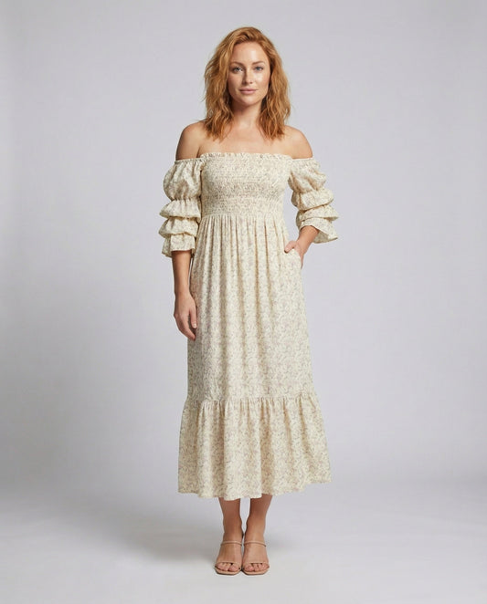 Abito Maxi Donna Spalle Scoperte con Balze a Volant - Brentozzi
