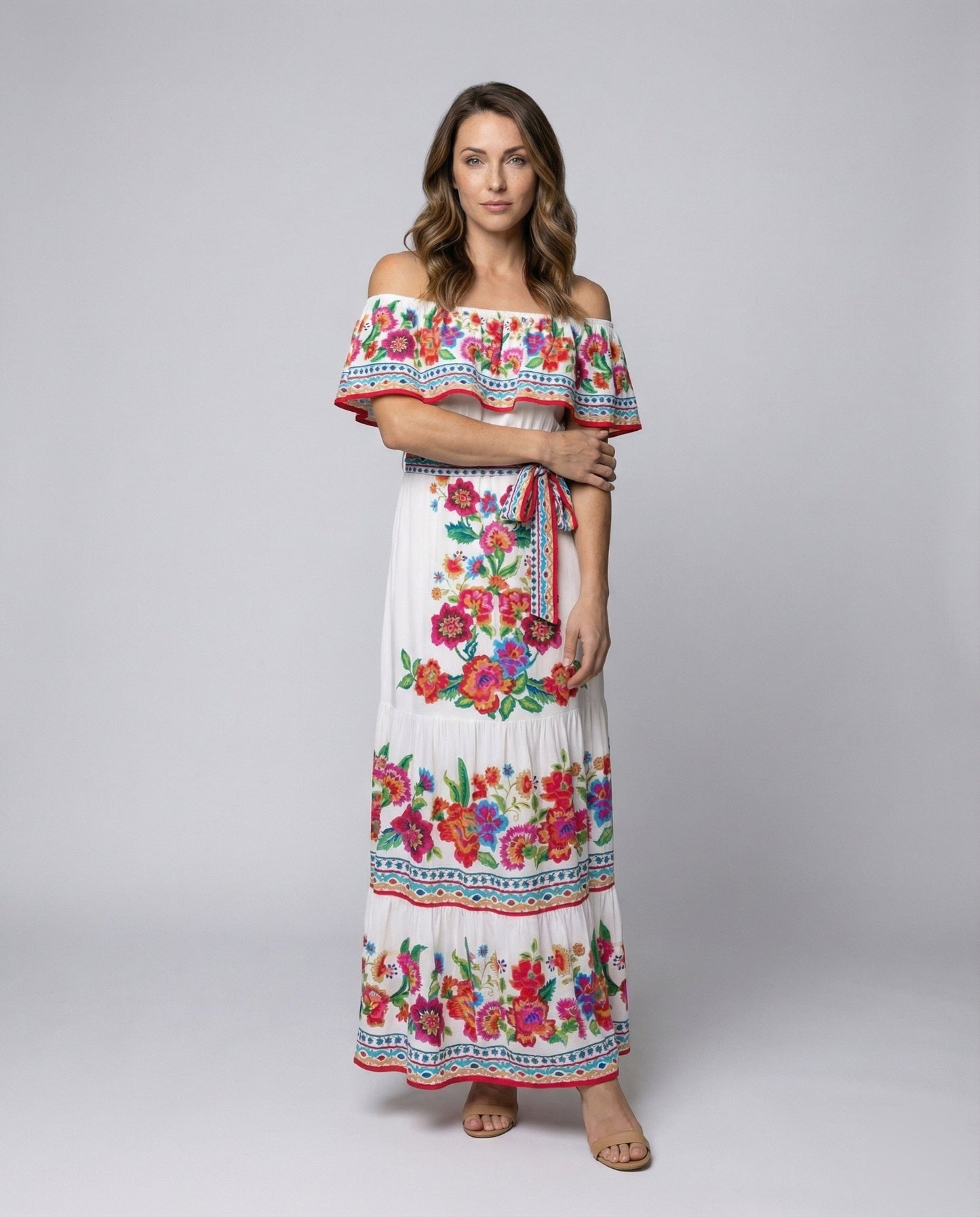 Abito Maxi Donna Spalle Scoperte con Volant e Gonna a Balze - Brentozzi