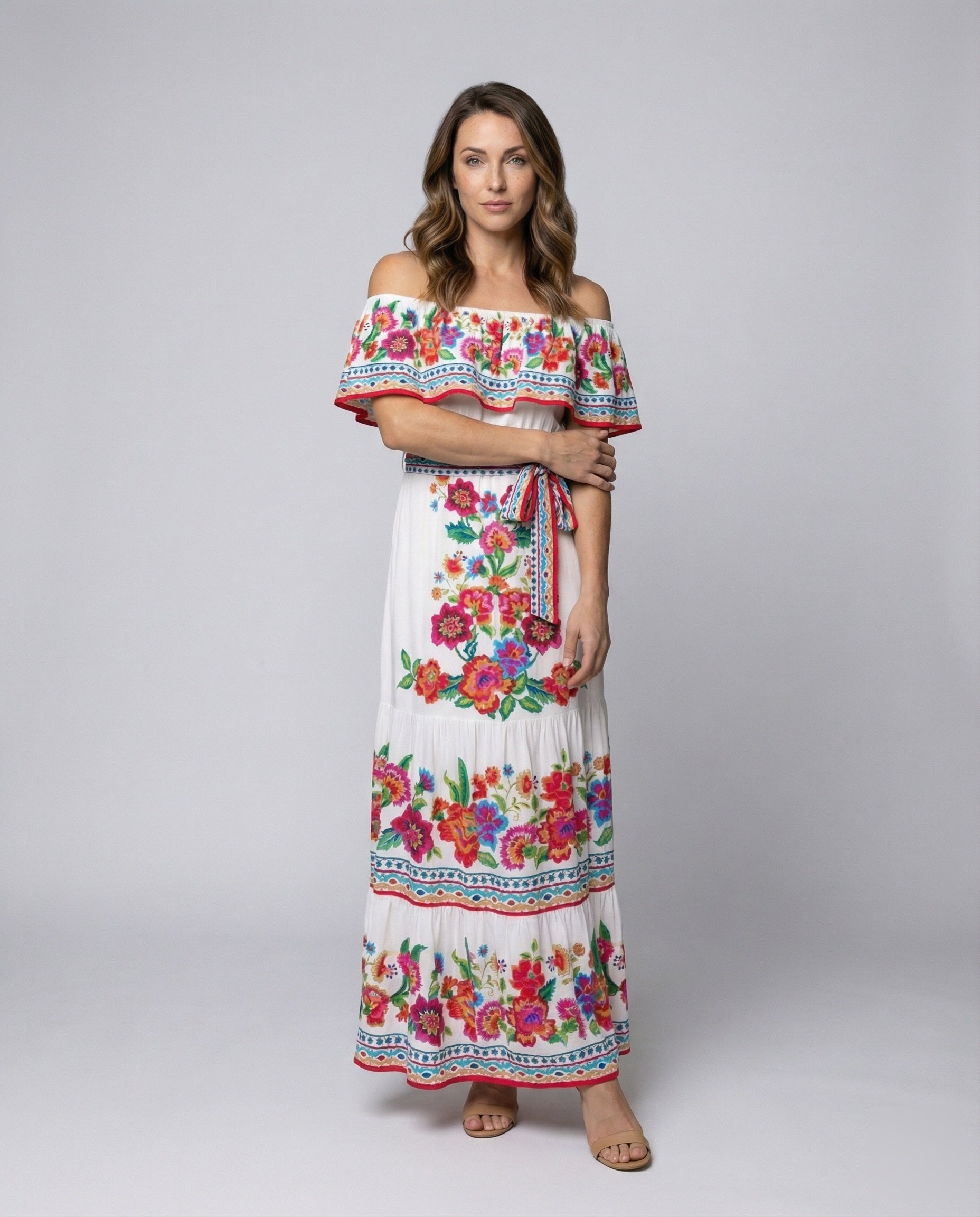 Abito Maxi Donna Spalle Scoperte con Volant e Gonna a Balze - Brentozzi