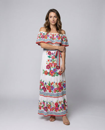 Abito Maxi Donna Spalle Scoperte con Volant e Gonna a Balze - Brentozzi