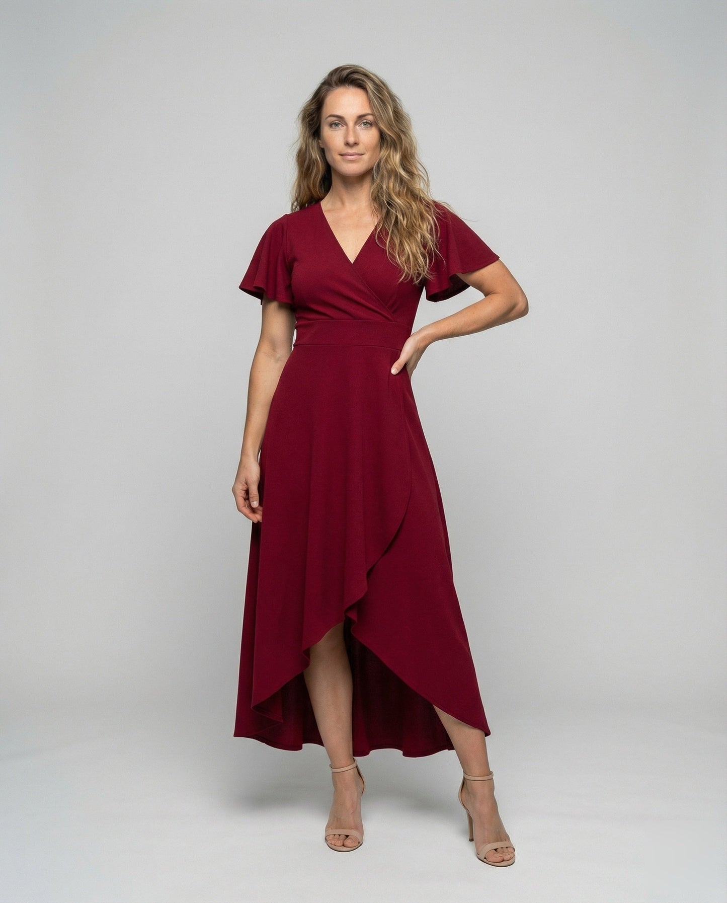 Abito Midi Donna Scollo a V con Volant Frontale - Brentozzi