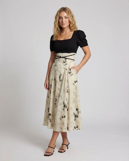 Abito Midi Donna con Maniche a Sbuffo e Gonna a Fiori - Brentozzi