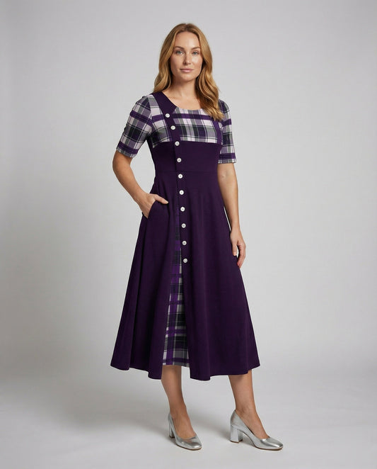 Abito Maxi Donna Svasato con Inserti a Quadri - Brentozzi