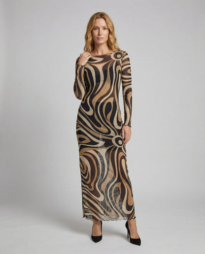 Abito Maxi Donna in Mesh Elasticizzato Stampa Allover - Brentozzi