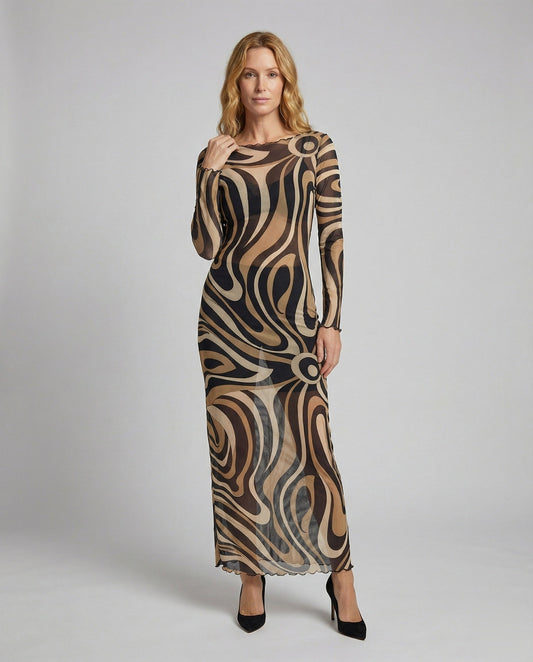 Abito Maxi Donna in Mesh Elasticizzato Stampa Allover - Brentozzi