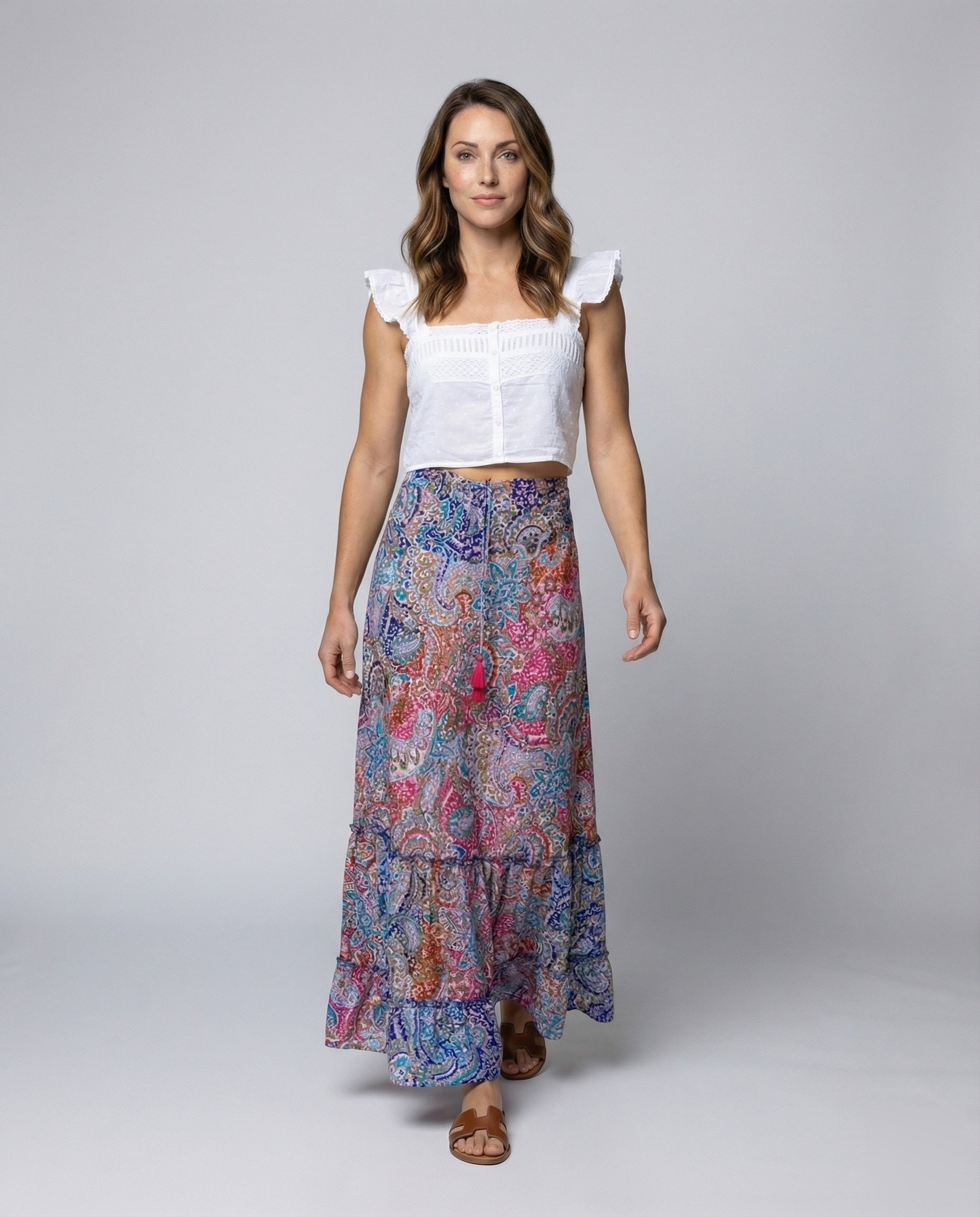 Gonna Lunga Donna Fluttuante in Tessuto Stampa Paisley - Brentozzi