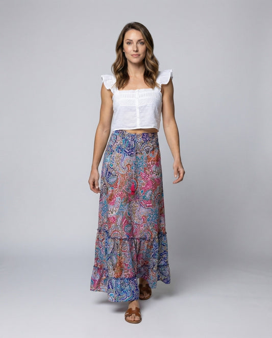 Gonna Lunga Donna Fluttuante in Tessuto Stampa Paisley - Brentozzi