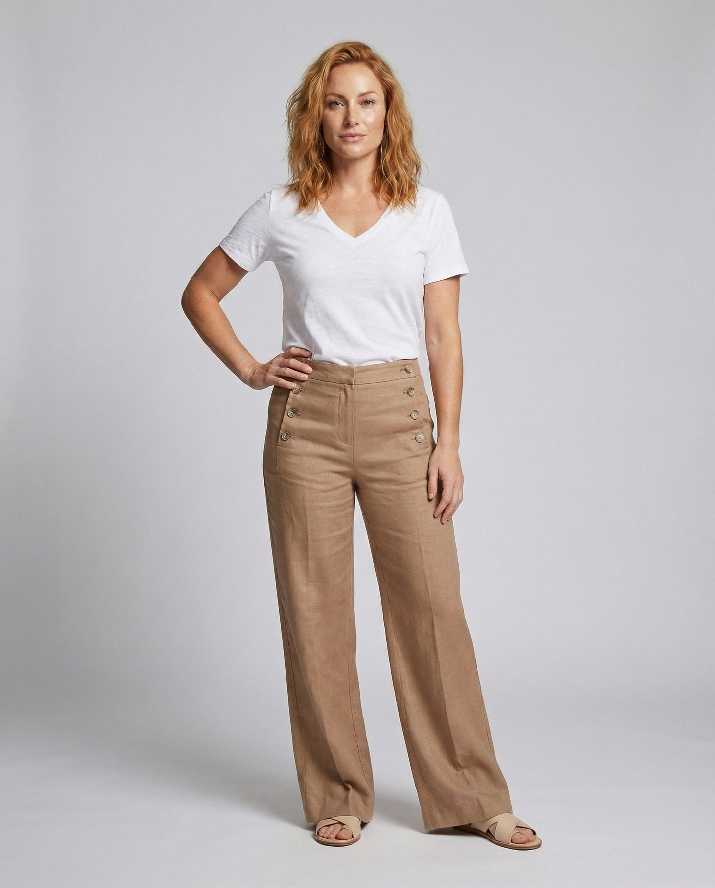 Pantaloni Donna in Lino Vita Alta con Bottoni - Brentozzi