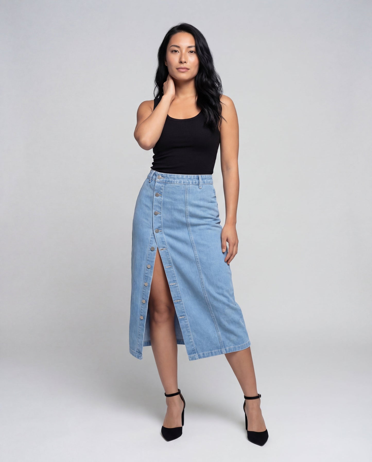 Gonna Midi Donna in Denim Vita Alta con Tasca Cargo - Brentozzi