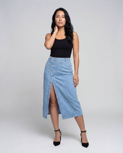 Gonna Midi Donna in Denim Vita Alta con Tasca Cargo - Brentozzi