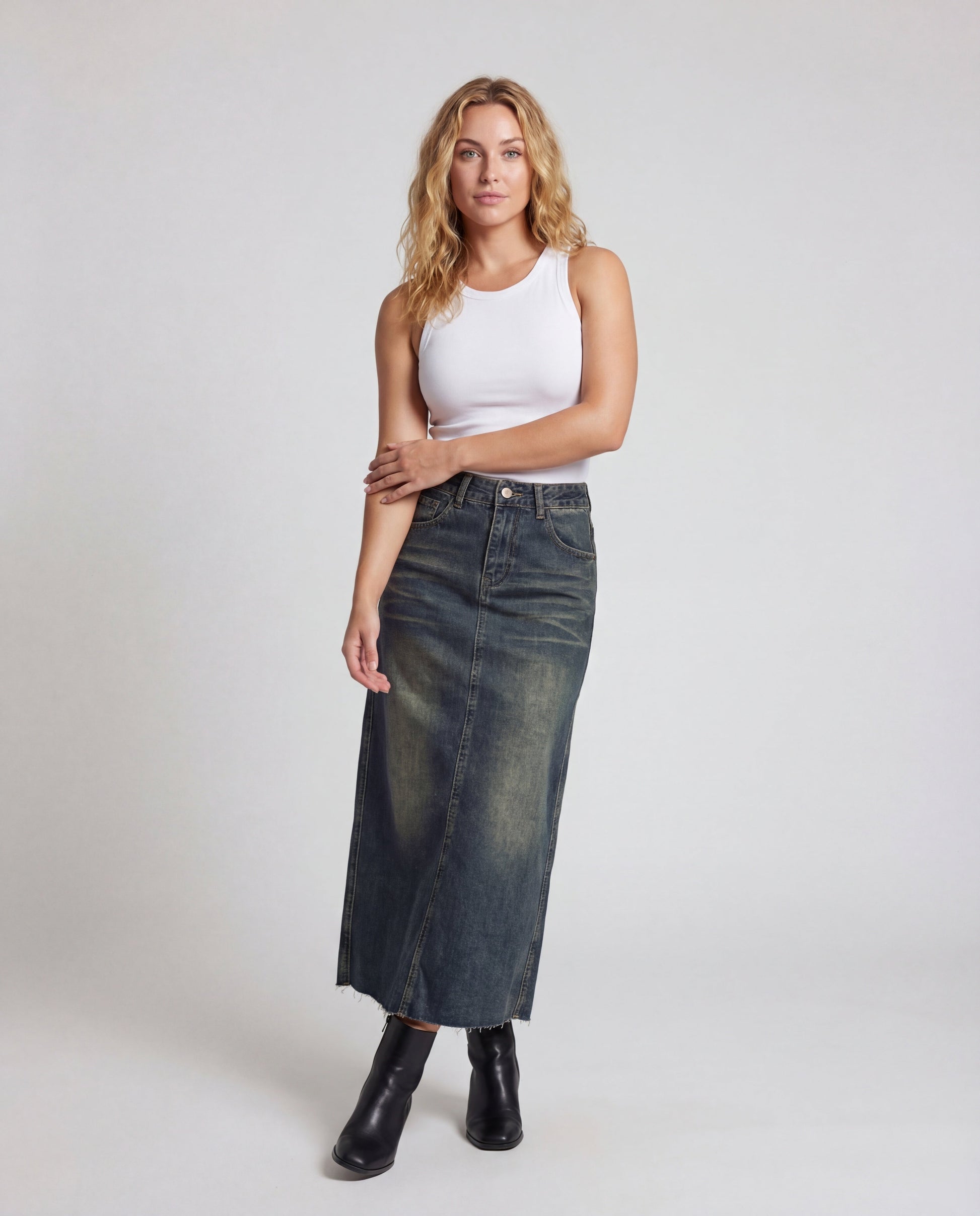 Gonna Lunga Donna Jeans Vita Alta Lavata - Brentozzi