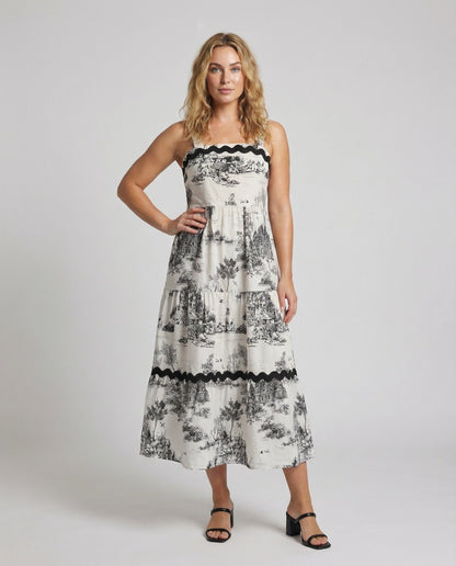 Abito Maxi Donna con Stampa Country e Bordo Decorativo - Brentozzi