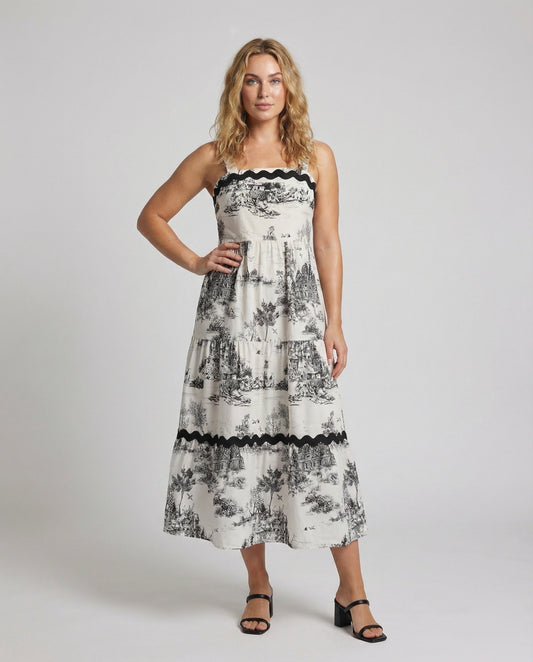 Abito Maxi Donna con Stampa Country e Bordo Decorativo - Brentozzi