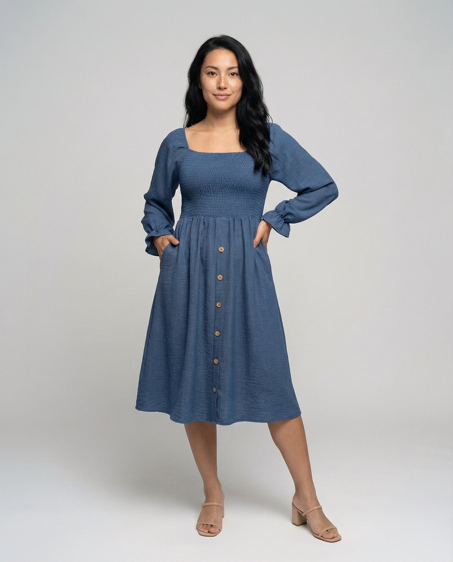 Abito Midi Donna con Corpino a Smock e Maniche a Palloncino - Brentozzi