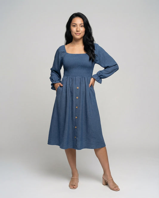 Abito Midi Donna con Corpino a Smock e Maniche a Palloncino - Brentozzi