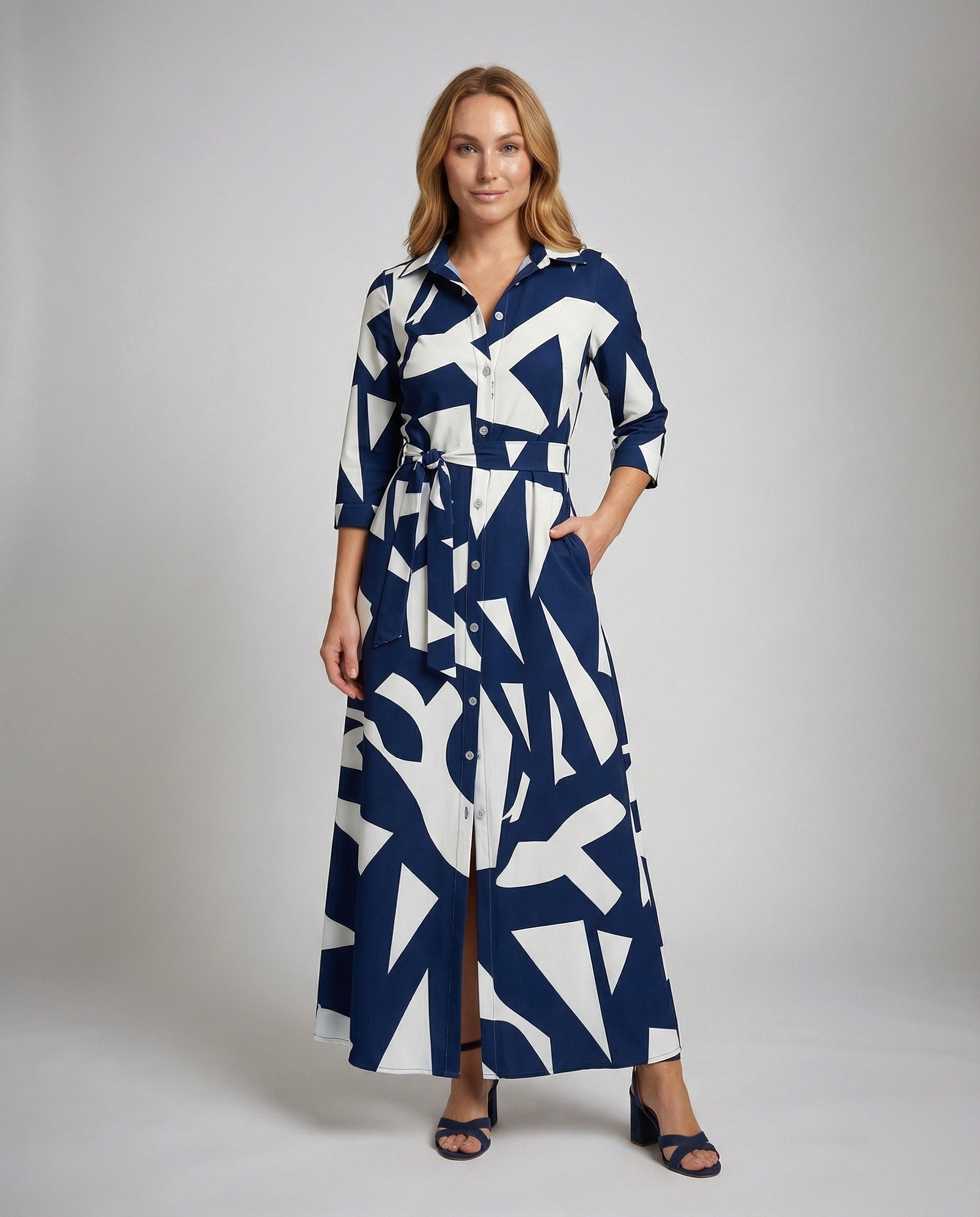 Abito Camicia Donna Lunghezza Maxi Stampa Geometrica - Brentozzi