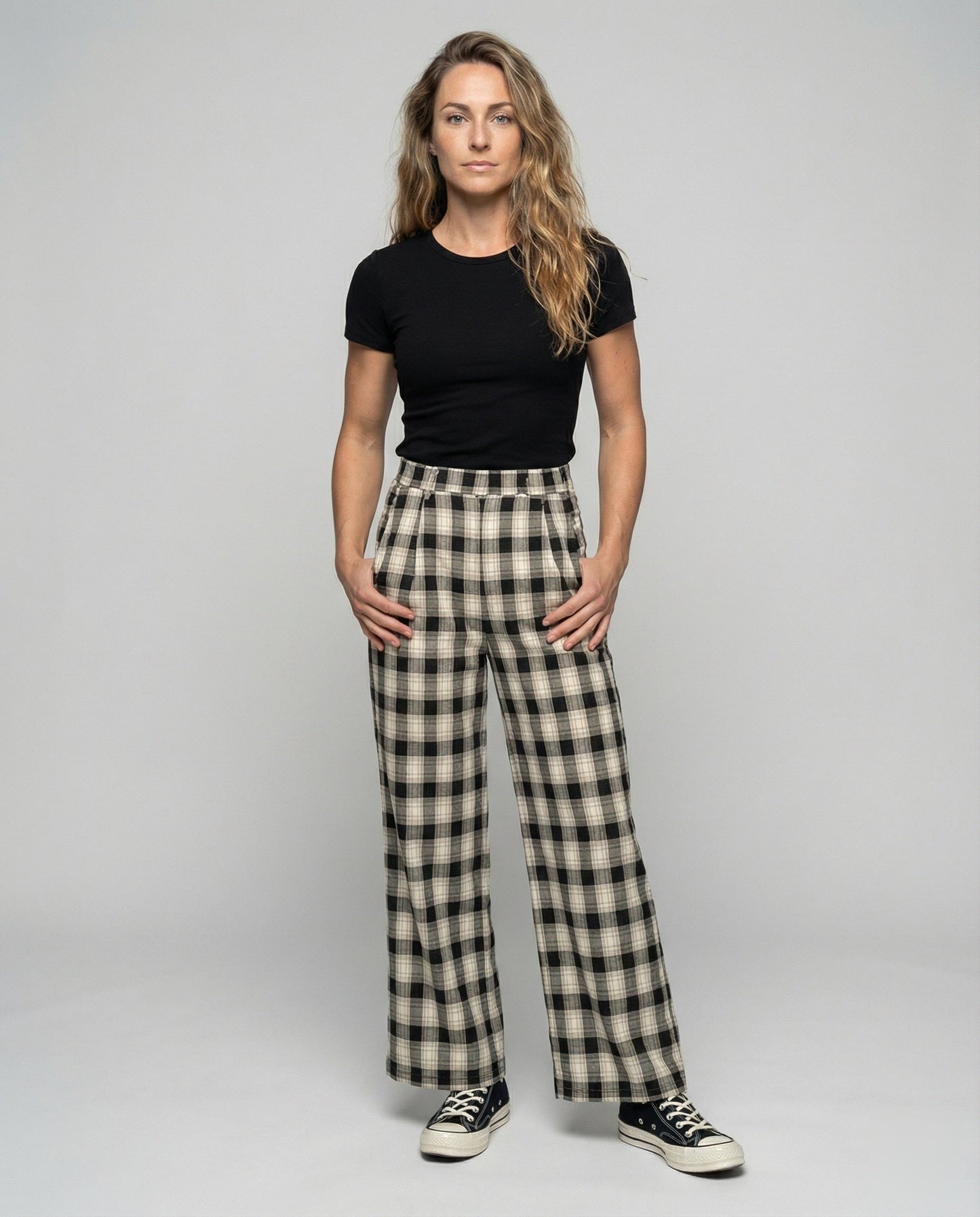 Pantaloni Donna in Cotone Minimal Check Vita Elastica - Brentozzi