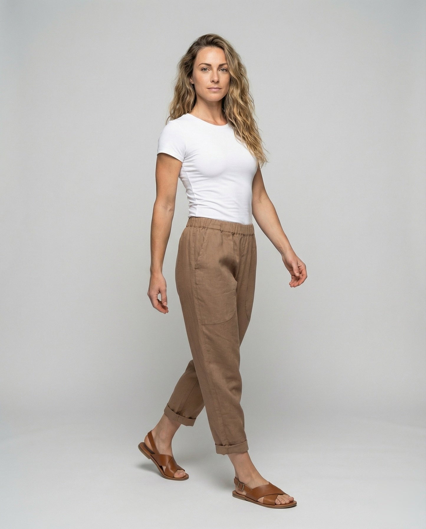 Pantaloni Lino Mix Donna Casual Orlo Risvoltato - Brentozzi