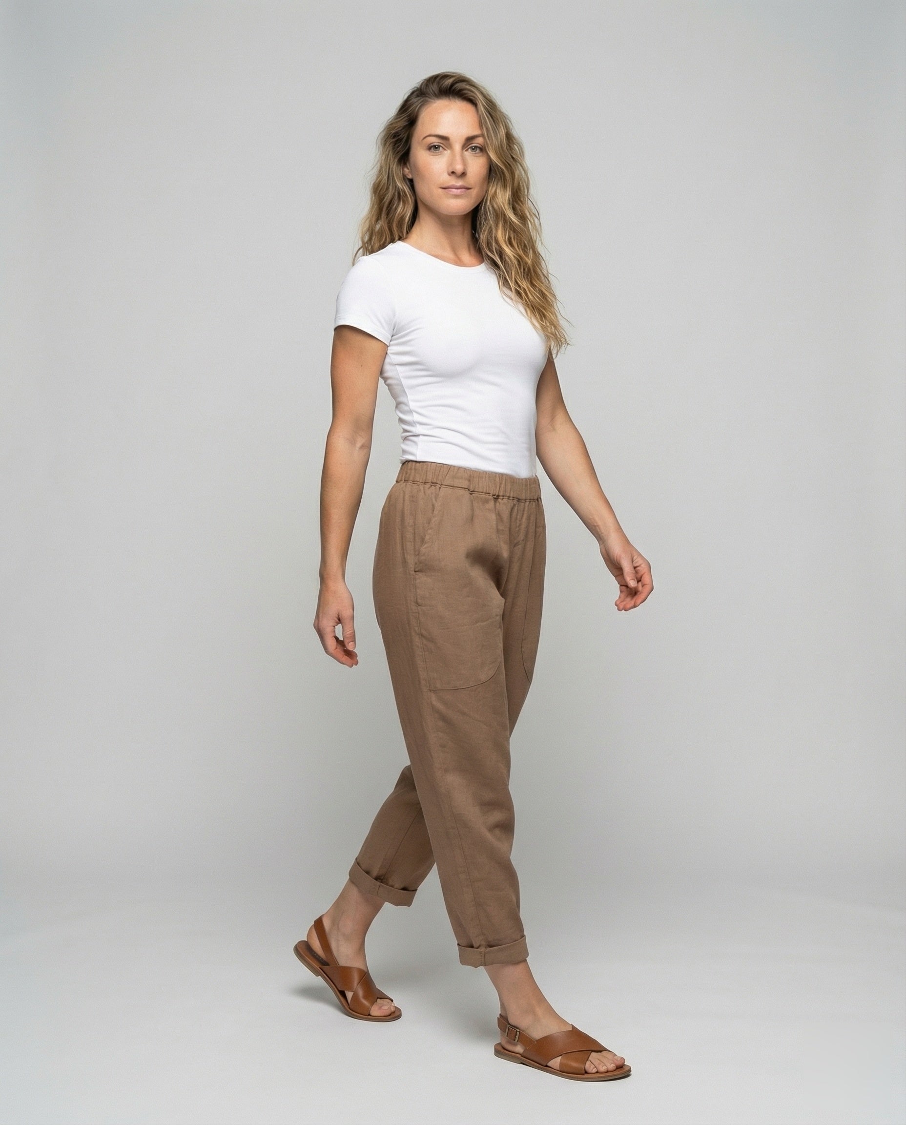 Pantaloni Lino Mix Donna Casual Orlo Risvoltato - Brentozzi